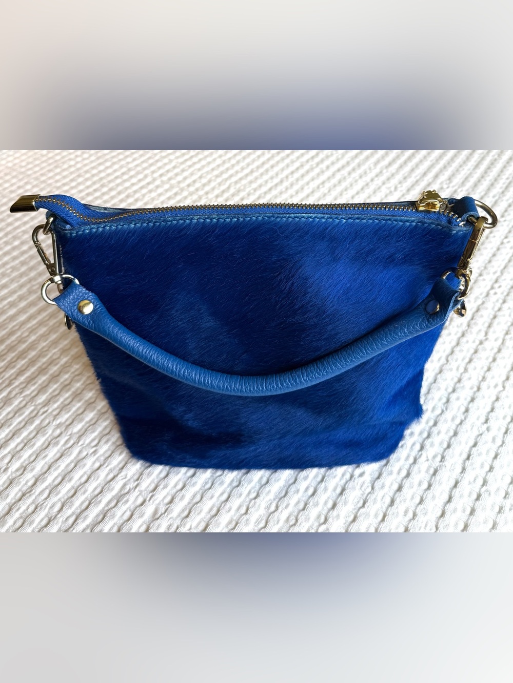 Women's Royal Blue Calf Hair and Leather Shoulder Bag with Gold Hardware